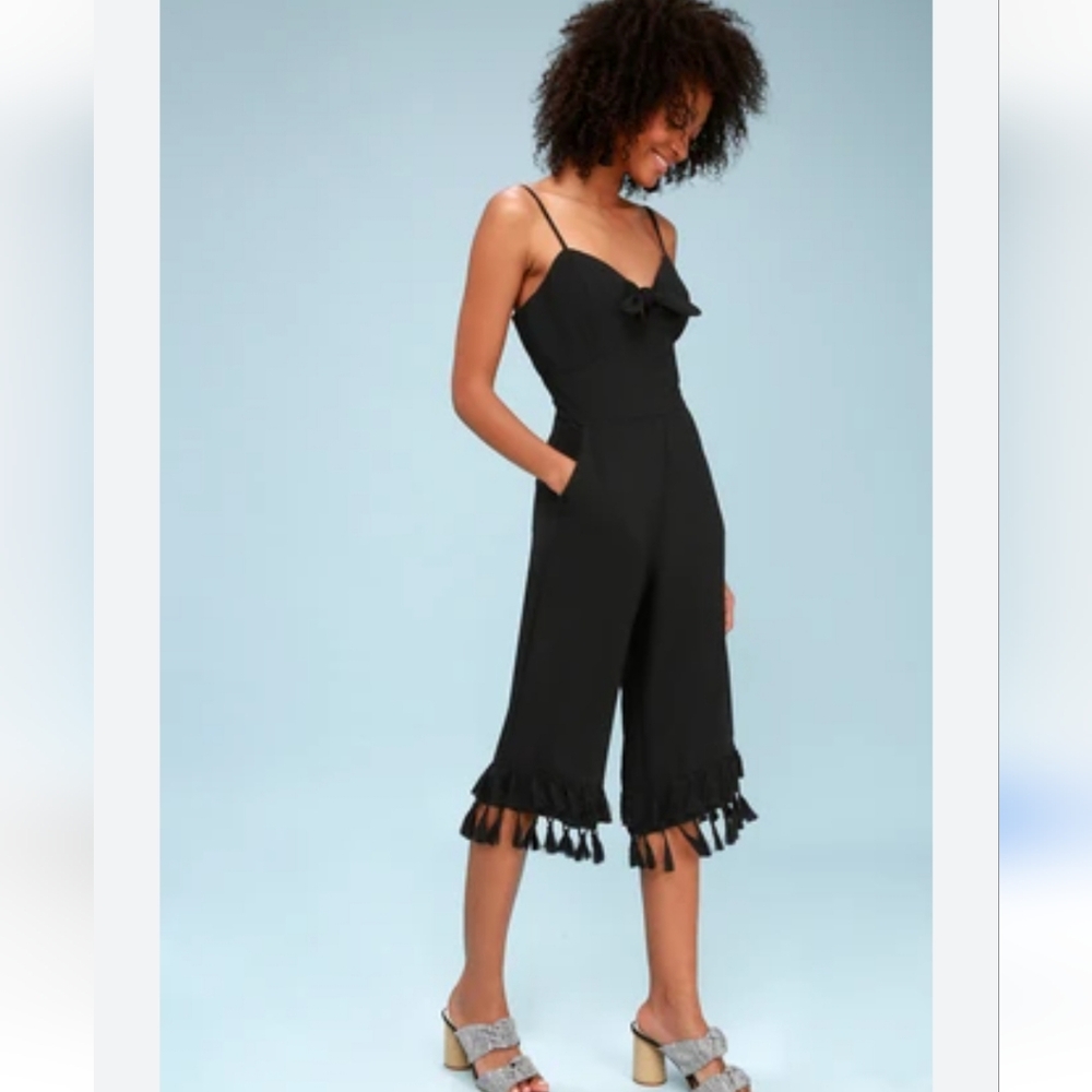 ADELYN RAE Sandy Tassel hem Tie knot bust strappy Jumpsuit Black Sz XS